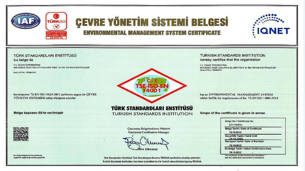 İnönü Üniversitesi’ne Çevre Yönetim Sistemi belgesi