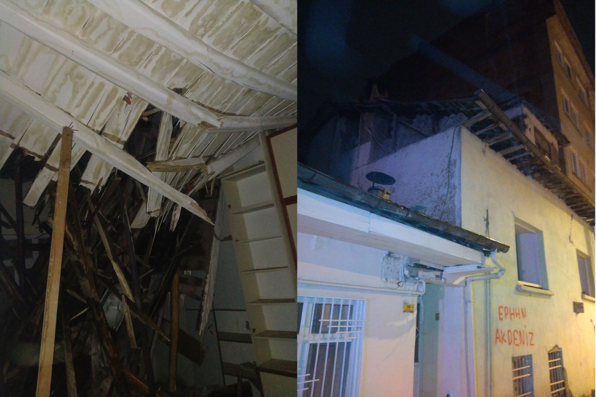 Ağır hasarlı binanın çatısı kısmen çöktü