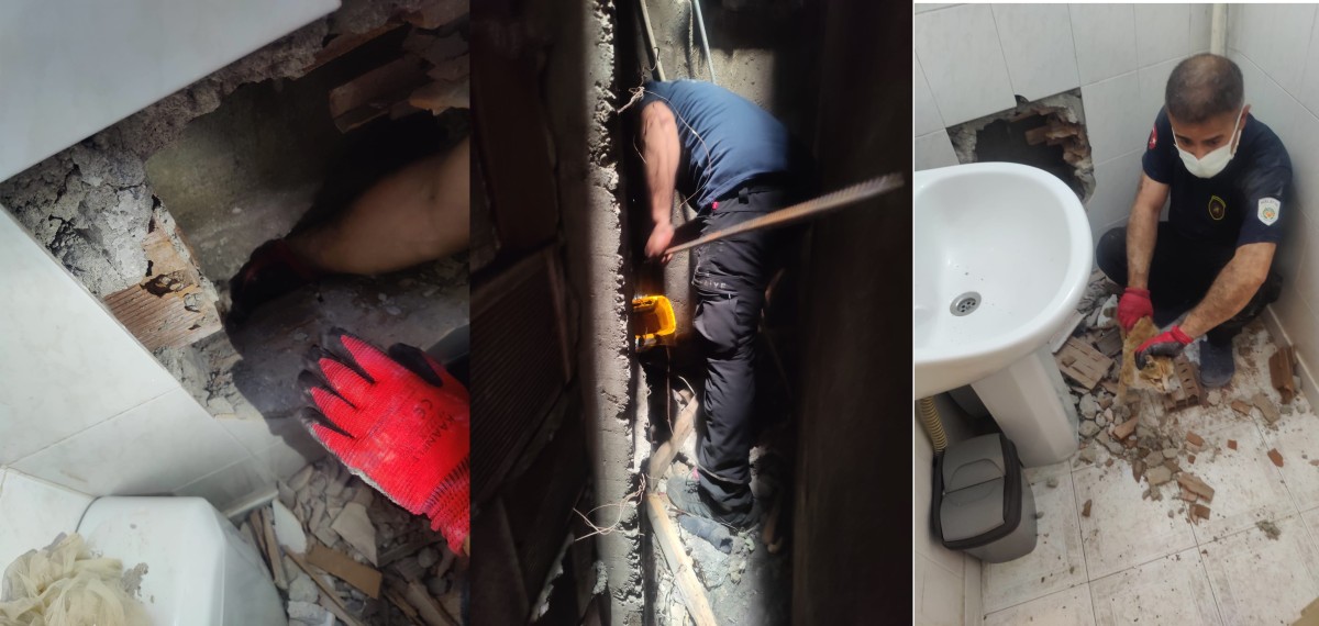 İki Bina Arasına Sıkışan Kedi 2 Saatlik Çalışmayla Kurtarıldı